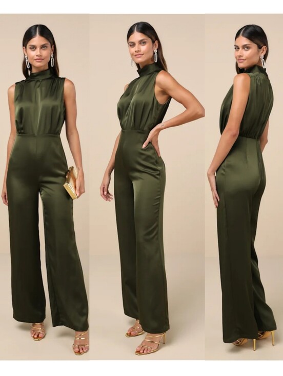 Lulus Pants - Lulus Classic Elegance Olive Green Satin Sleeveless Mock Neck Jumpsuit XS